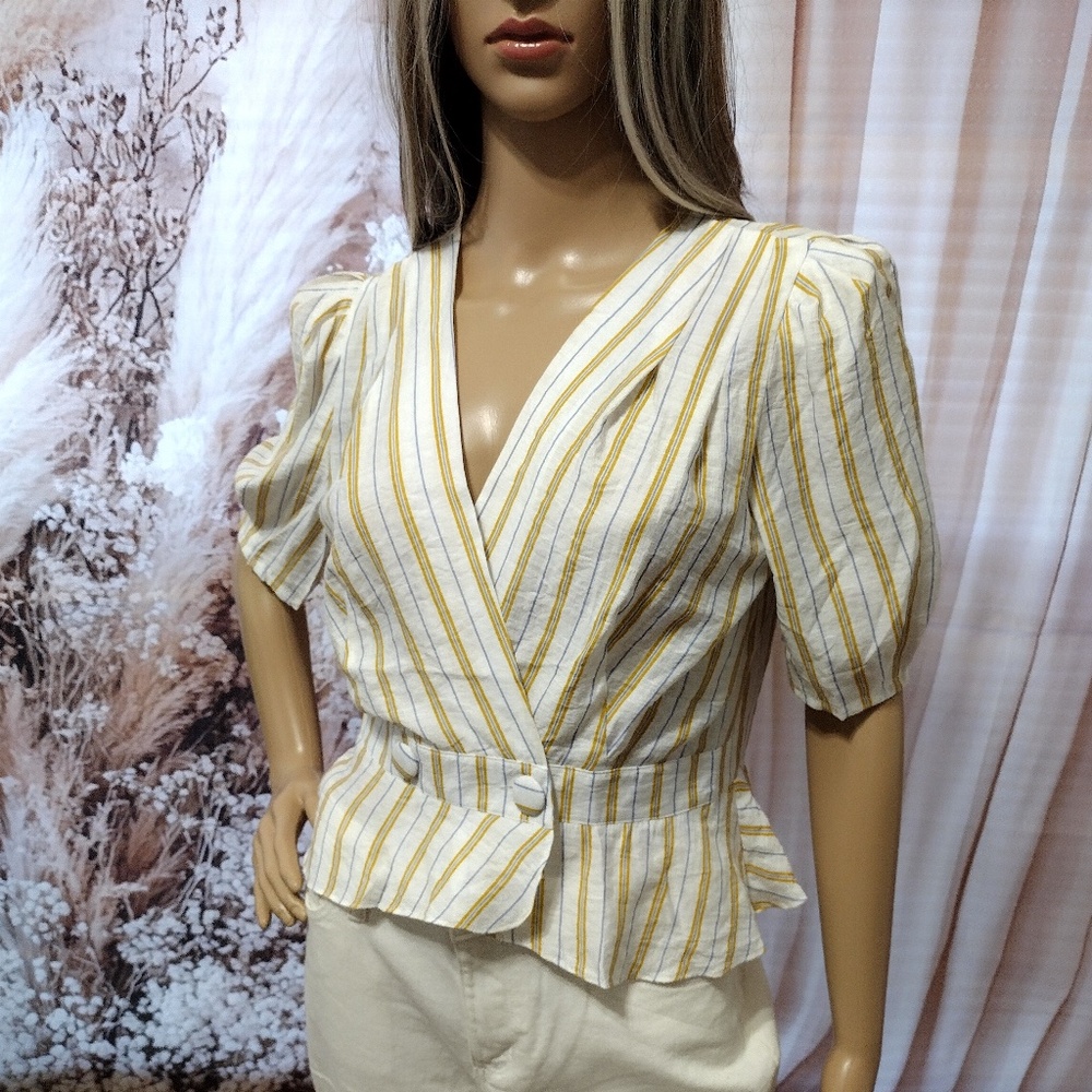 The Sang Women's Surplice White Yellow Blue V Neck Blouse Top